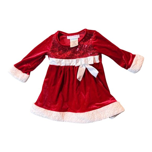 Baby Girls Red Christmas Dress W/ Bow & Sequins By Bonnie Baby Size 3-6M - Picture 7 of 7